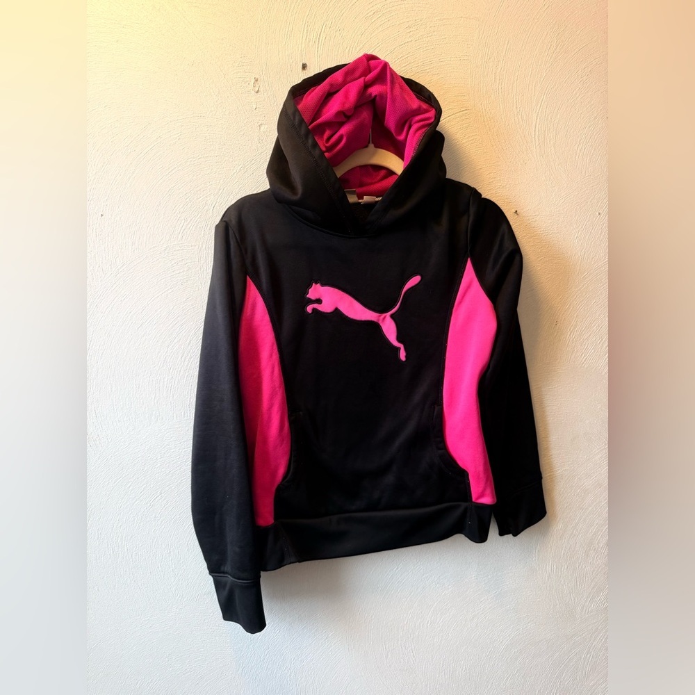 Puma Pink & Black Logo Hoodie Girls 16 Sporty Y2K Athleisure Petite Fit - Picture 2 of 6